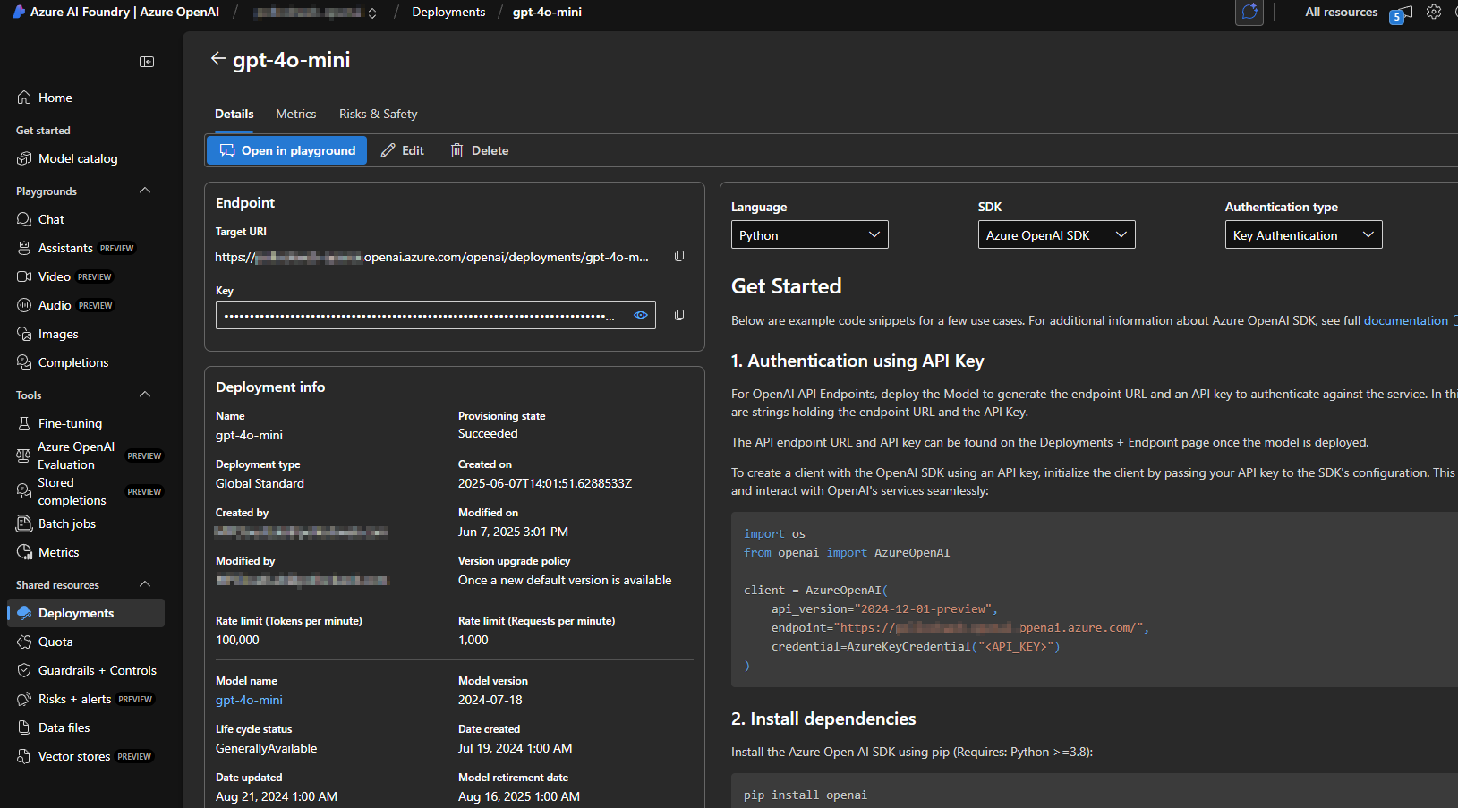 Azure OpenAI GPT-4 Mini deployment configuration
