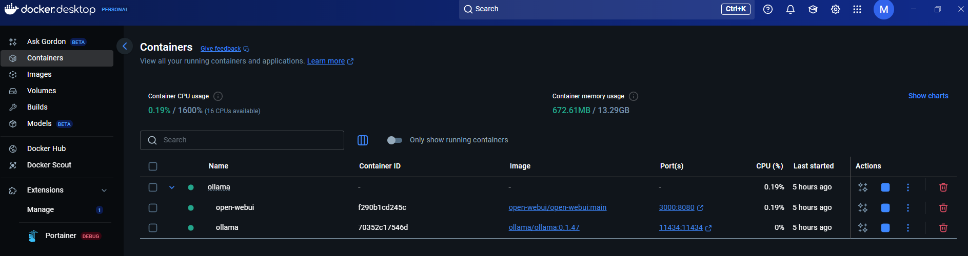 Docker Desktop showing Ollama containers running