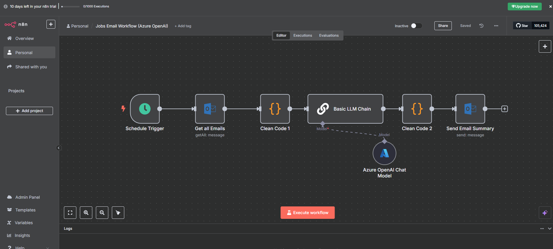 n8n jobs workflow with Azure OpenAI integration