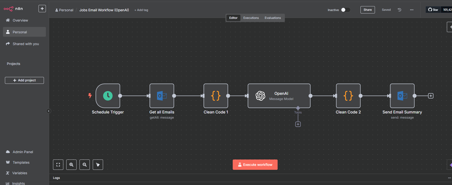 n8n jobs workflow with OpenAI API integration