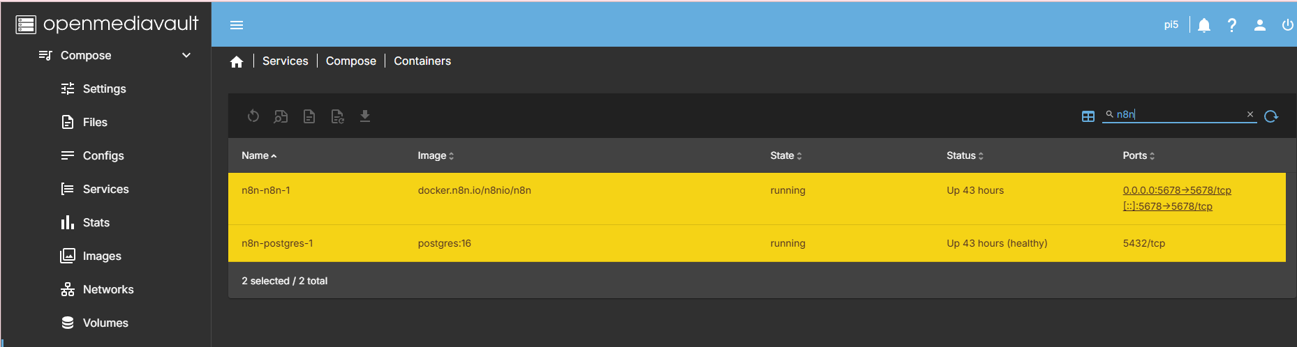 OpenMediaVault Docker container management interface