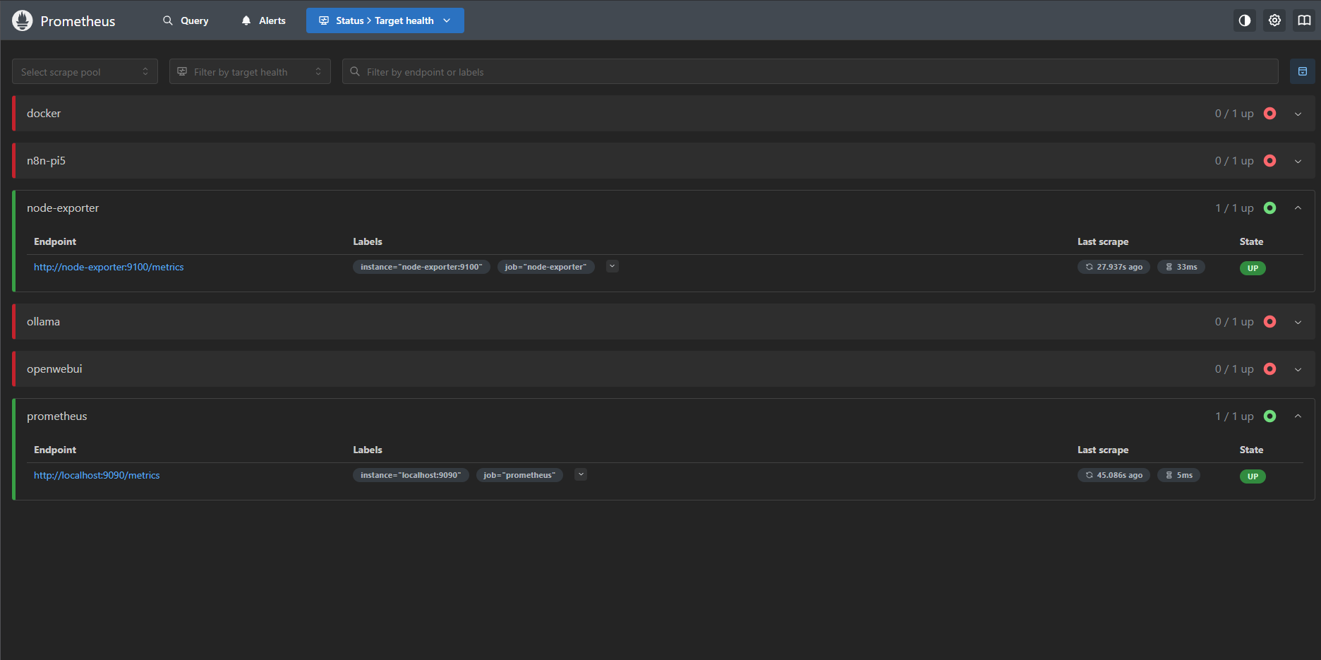 Prometheus targets page demonstrating successful metric collection from all configured endpoints