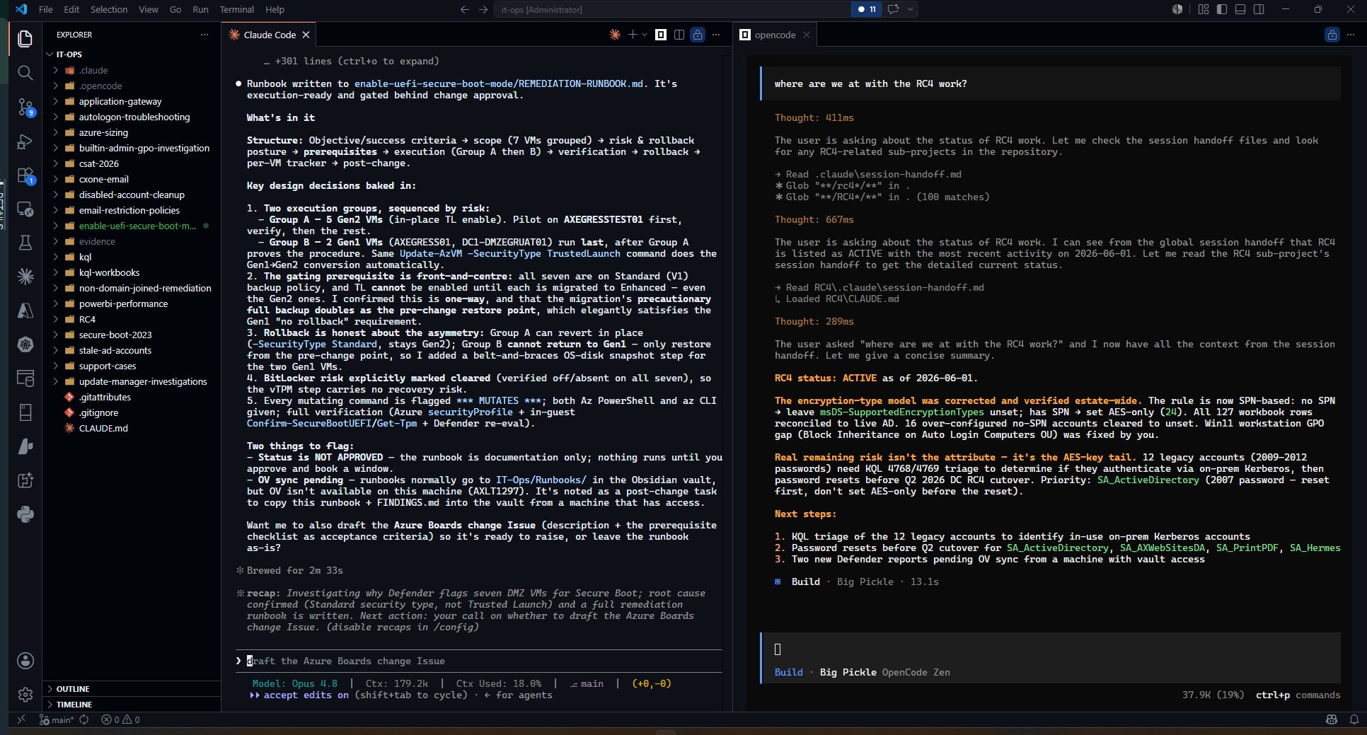 A typical work session: Claude Code in one terminal pane, OpenCode in the other, with the IT-Ops folder tree open in the explorer.
