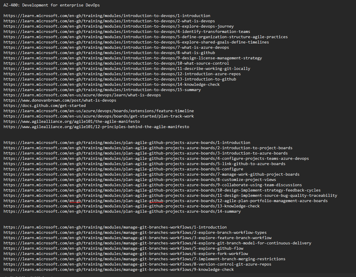 Screenshot of collected links in text file